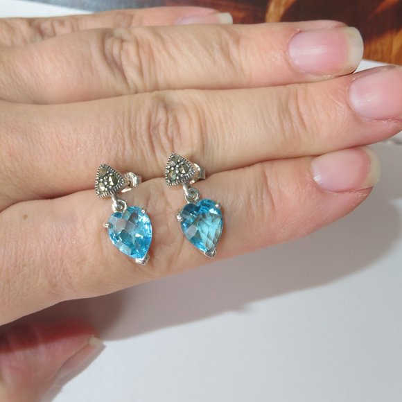 Heart Blue Topaz Sterling Silver Marcasites Post Back Earrings - Picture 12 of 15
